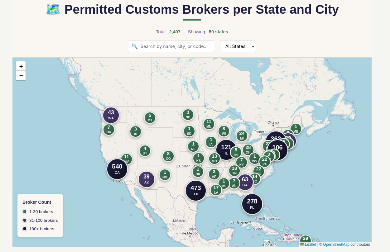 US Customs Brokers Map 